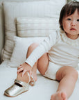 baby in purebaby organic mary jane light gold shoe pre walker baby shoes