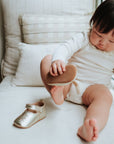 baby in purebaby organic mary jane light gold shoe pre walker baby shoes