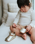 baby in purebaby organic mary jane light gold shoe pre walker baby shoes