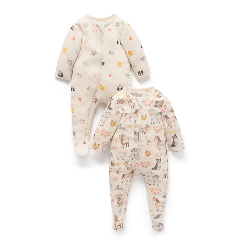 purebaby organic Farm Animals 2 Pack Zip Growsuit