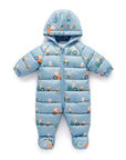 purebaby organic puffer growsuit farming tractor blue boy winter growsuit