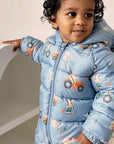 purebaby organic puffer growsuit farming tractor blue boy winter growsuit