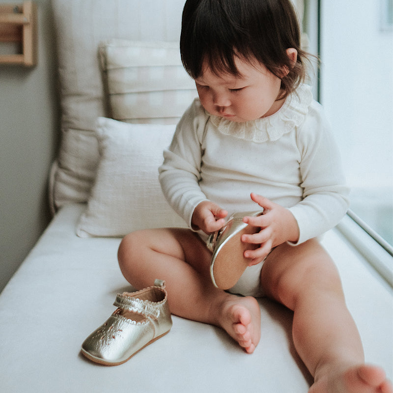 baby in purebaby organic mary jane light gold shoe pre walker baby shoes