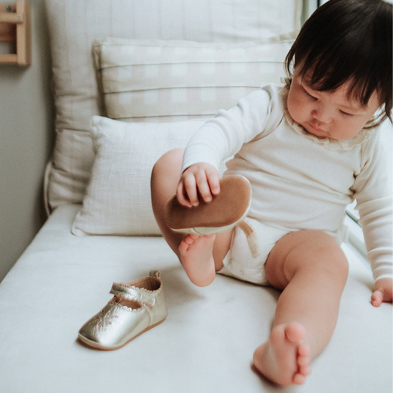 baby in purebaby organic mary jane light gold shoe pre walker baby shoes