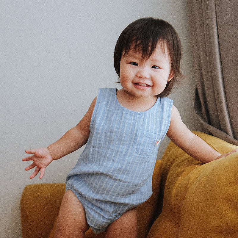 baby in purebaby striped crinkle bodysuit organic cotton baby clothes