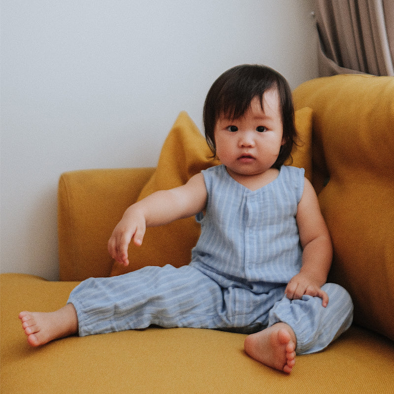 baby in purebaby striped crinkle onesie organic cotton baby clothes