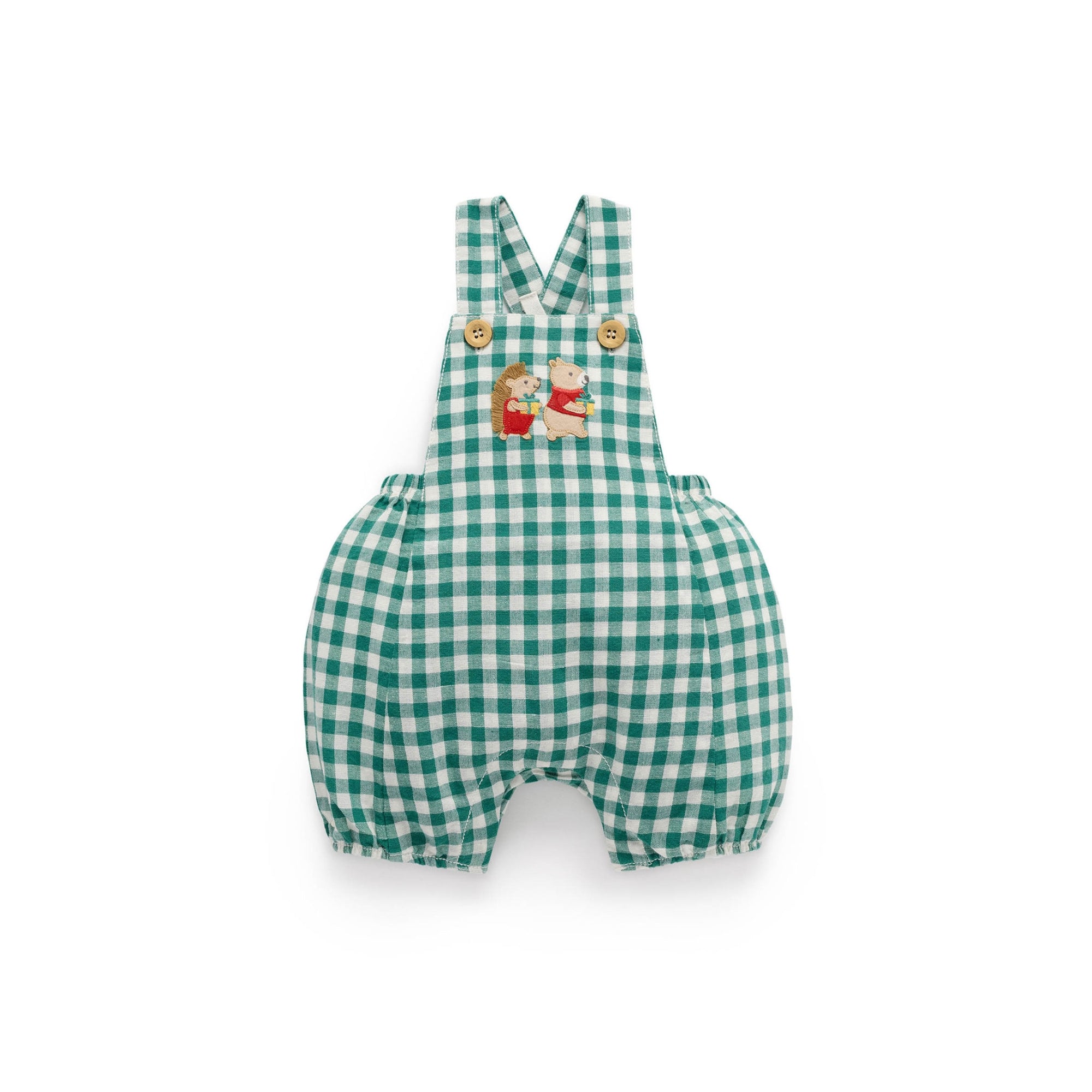 baby kids in purebaby christmas festive gingham overall coriander baby christmas outfit