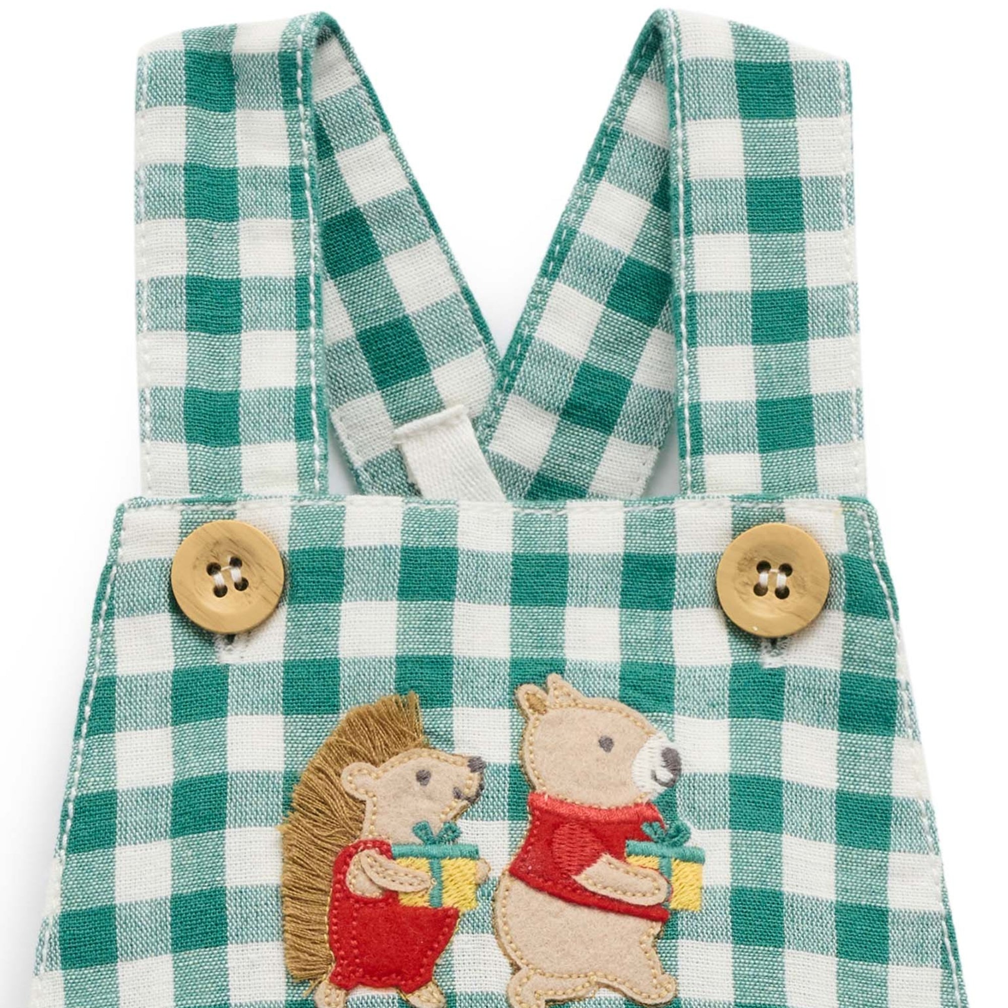 baby kids in purebaby christmas festive gingham overall coriander baby christmas outfit