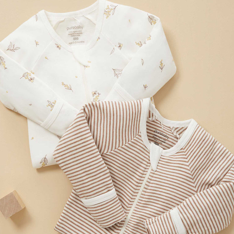 purebaby zip growsuit wattle bee