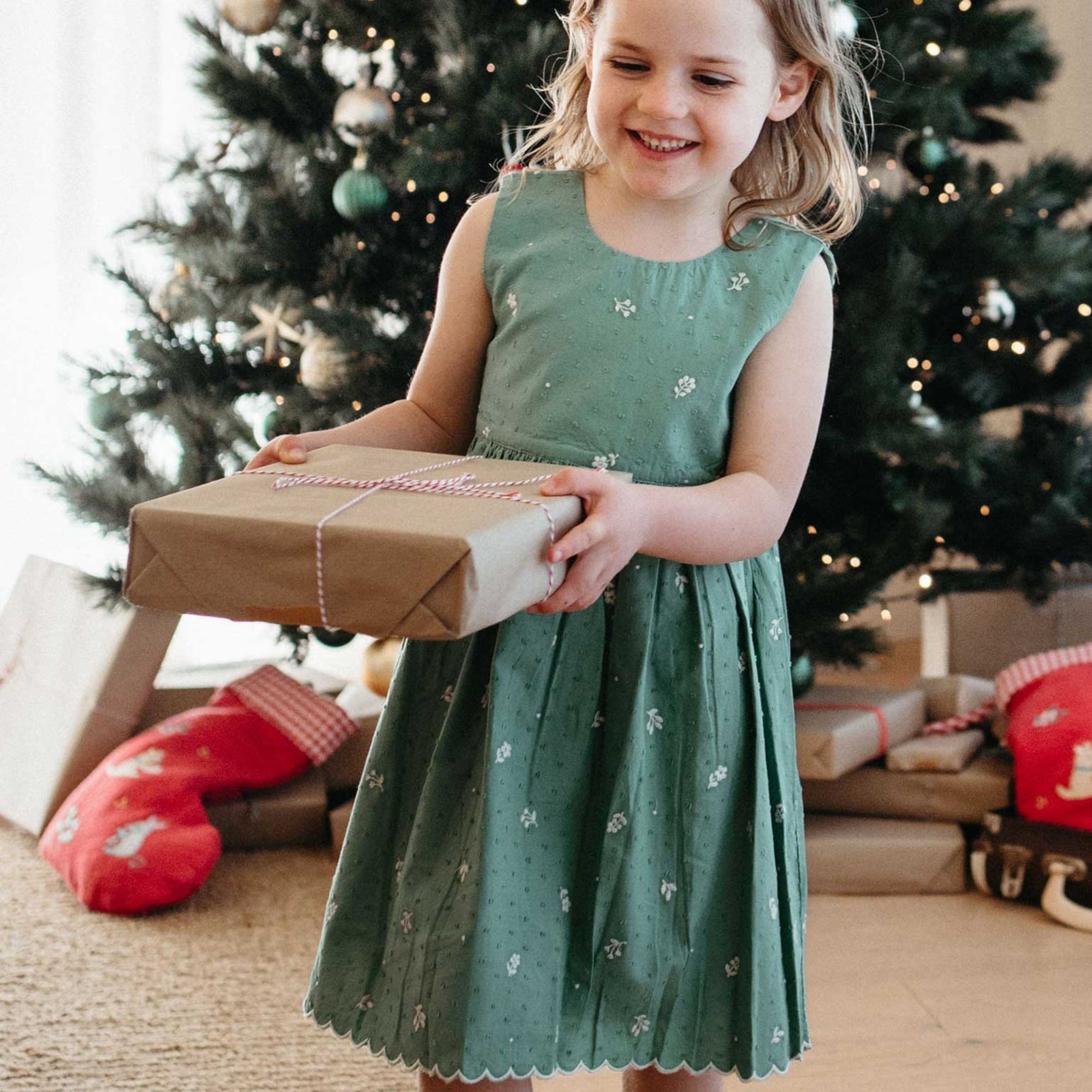 baby kids purebaby organic festive embroidered green dress baby girl christmas outfit