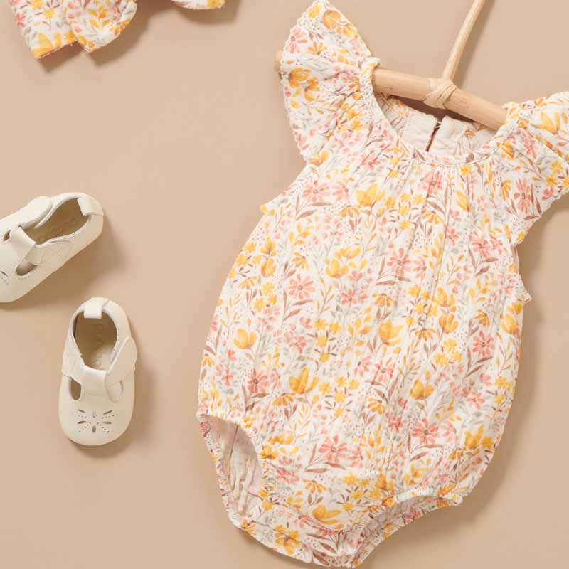 purebaby organic cotton gathered yellow desert flower bodysuit baby romper