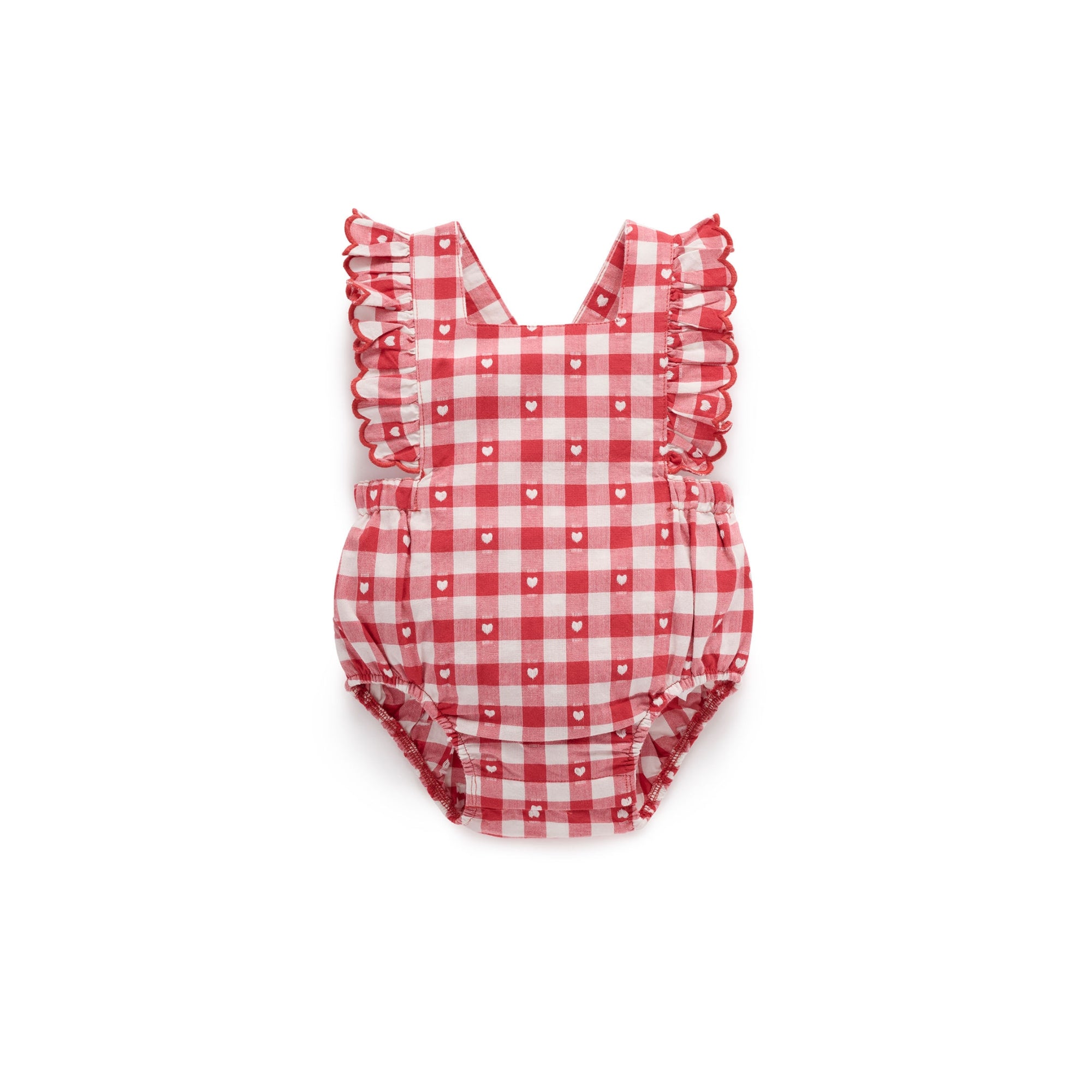 baby in purebaby organic heart gingham overall bodysuit valentine outfit