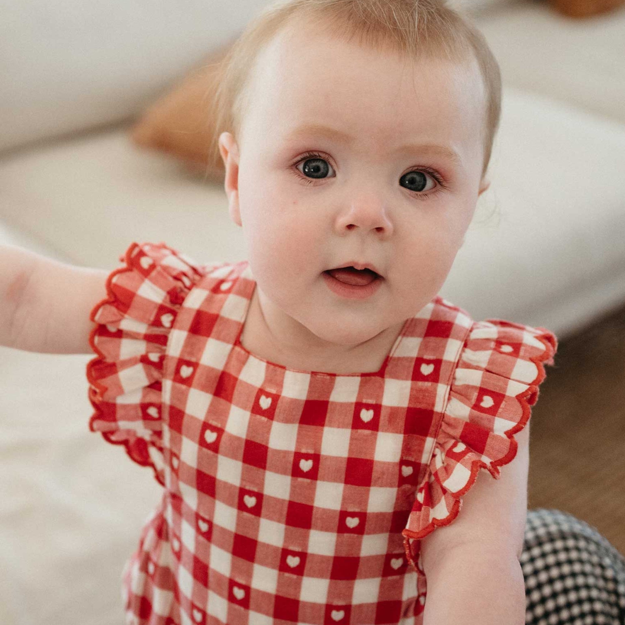 baby in purebaby organic heart gingham overall bodysuit valentine outfit