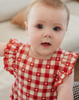 baby in purebaby organic heart gingham overall bodysuit valentine outfit