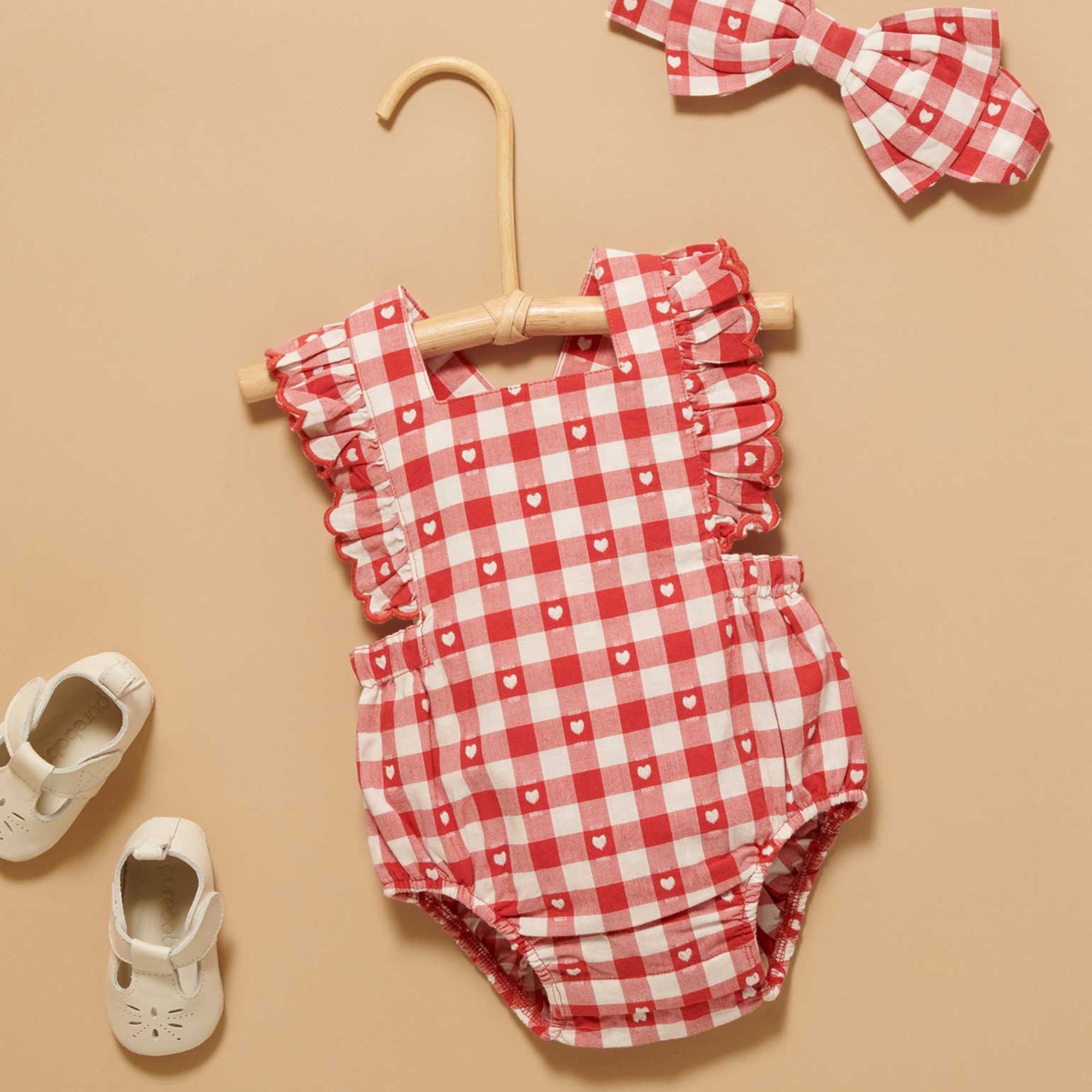 purebaby organic heart gingham overall bodysuit valentine outfit
