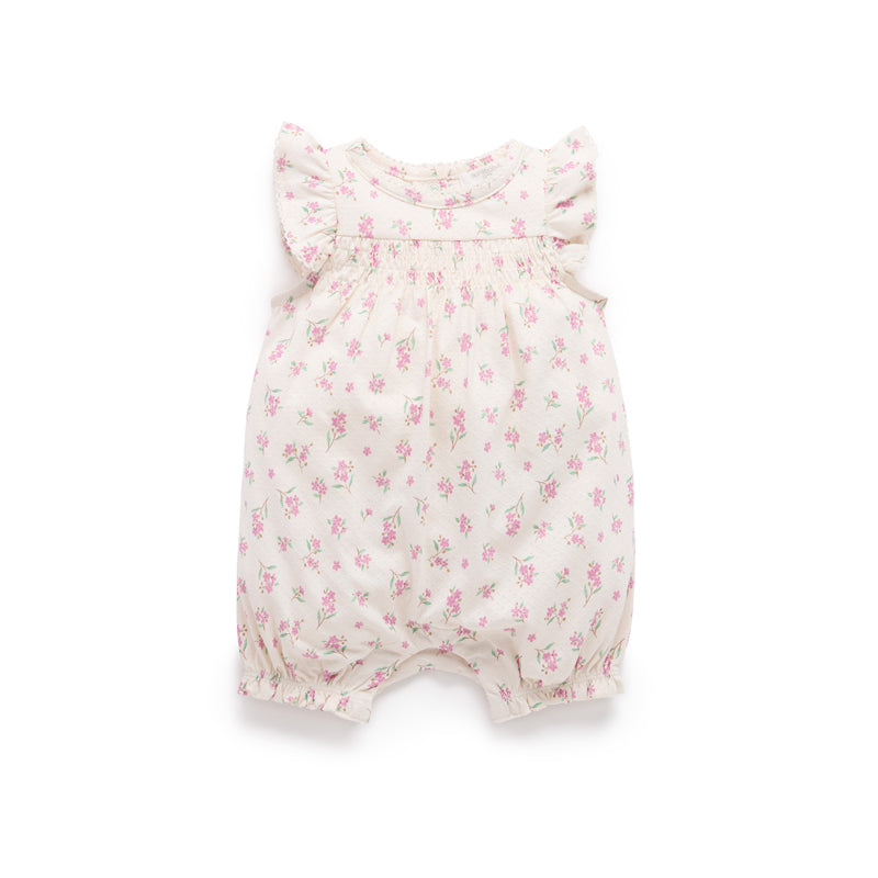 purebaby organic cotton baby romper armeria shirred romper baby girl