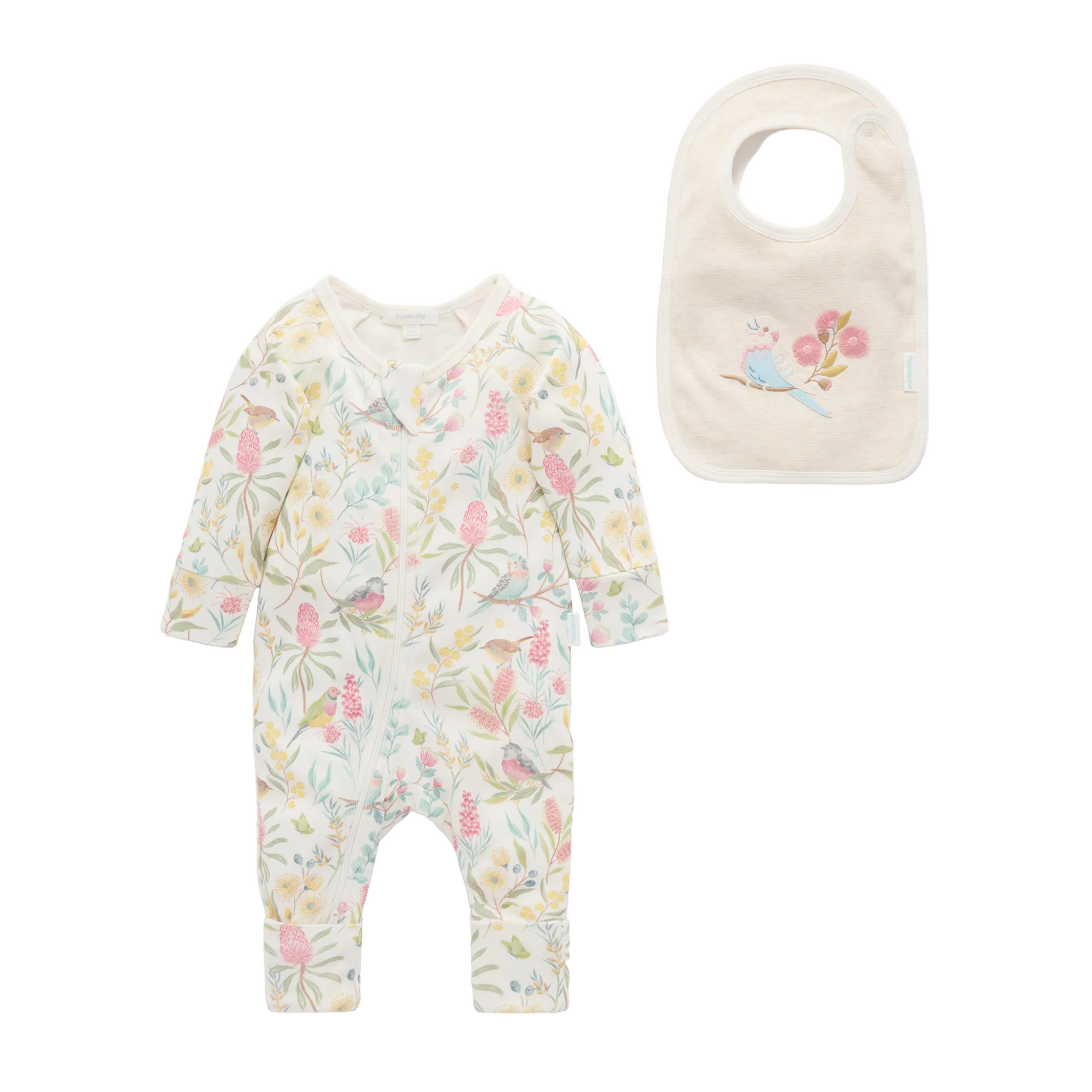purebaby organic baby growsuit and bib aviary garden