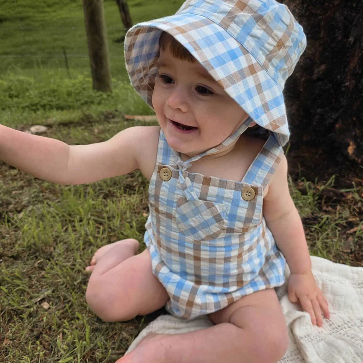 purebaby organic cotton baby romper blue check overalls