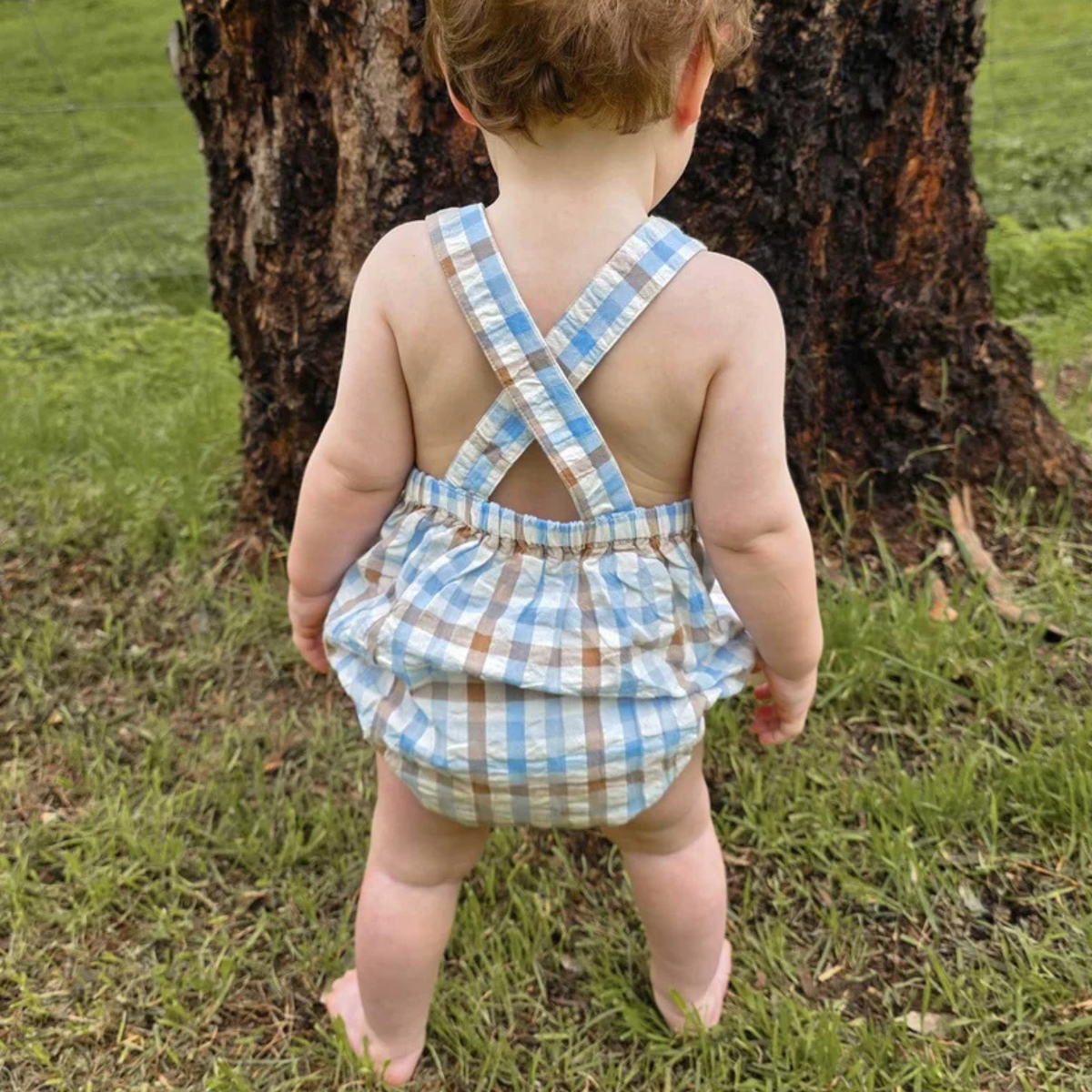 purebaby organic cotton baby romper blue check overalls