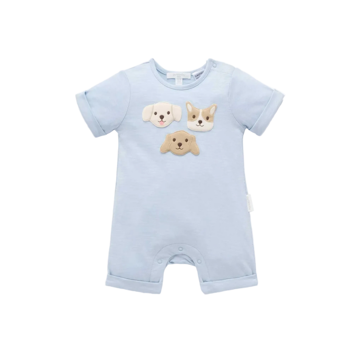 purebaby organic cotton baby clothes blue puppy short growsuit