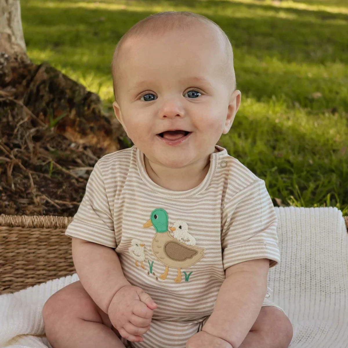 purebaby organic cotton baby clothes duck short growsuit romper