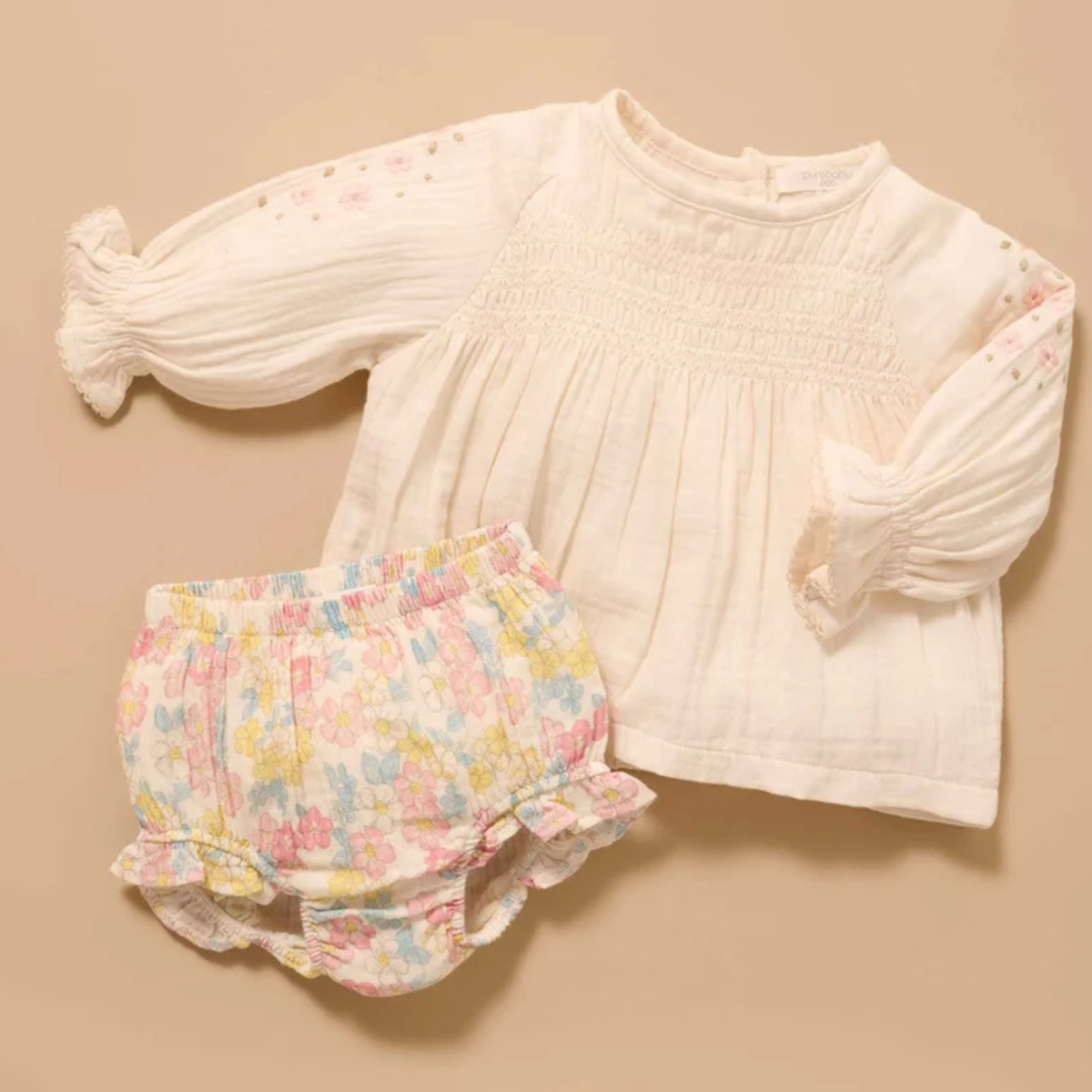 purebaby organic cotton baby clothes garden flowers ruffle bloomers baby girl diaper cover