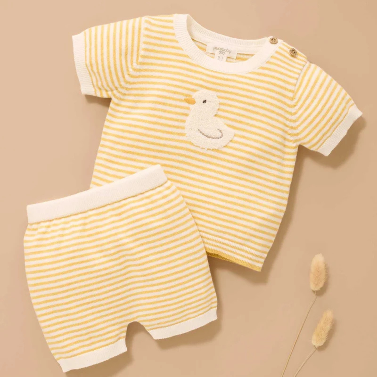 purebaby organic cotton baby clothes yellow knitted goose set