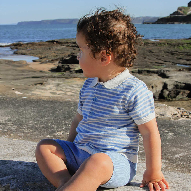 purebaby organic baby boy clothes knitted polo set carribean