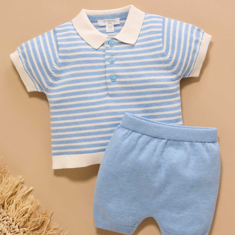 purebaby organic baby boy clothes knitted polo set carribean