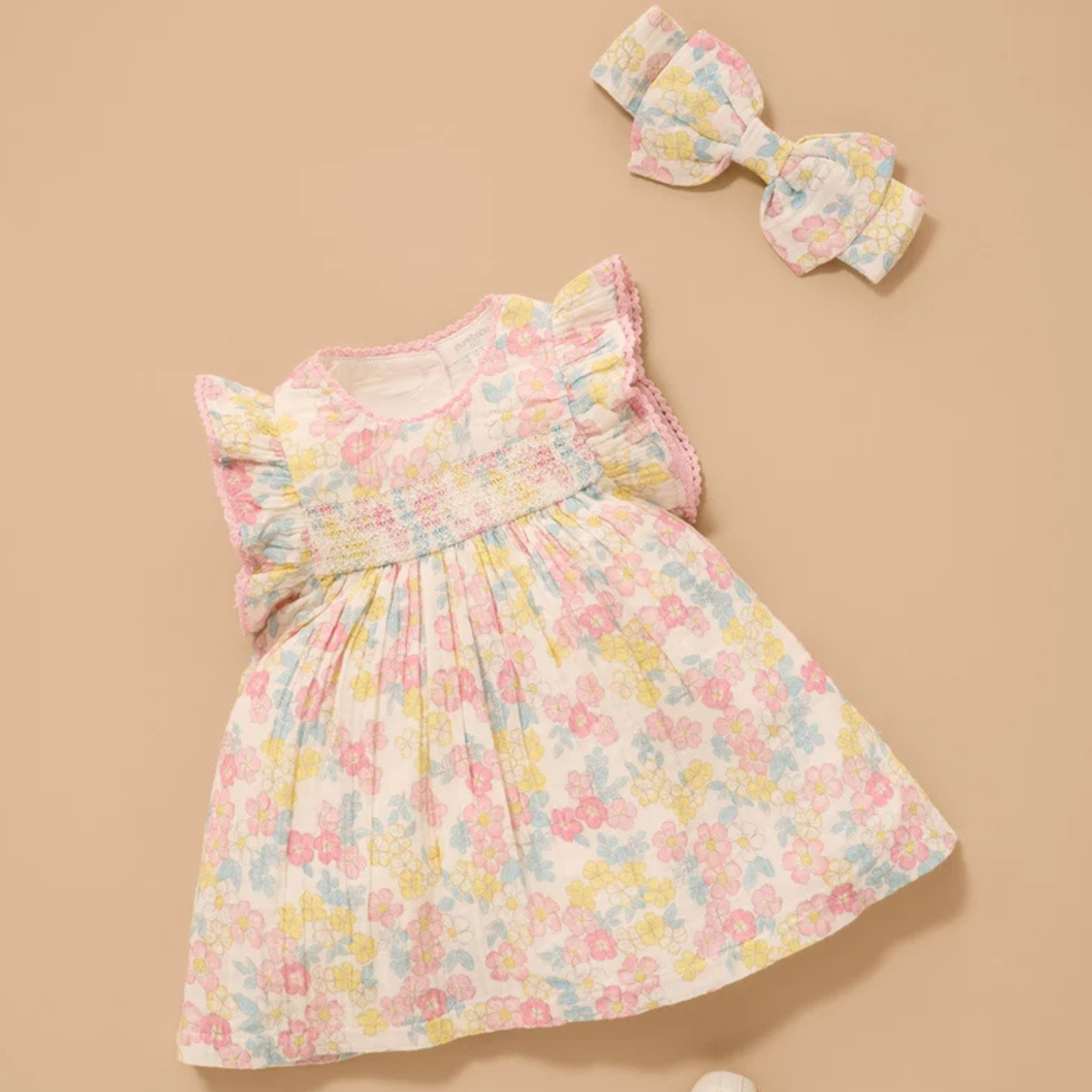 purebaby organic cotton baby kids dress garden flowers smocked dress girls
