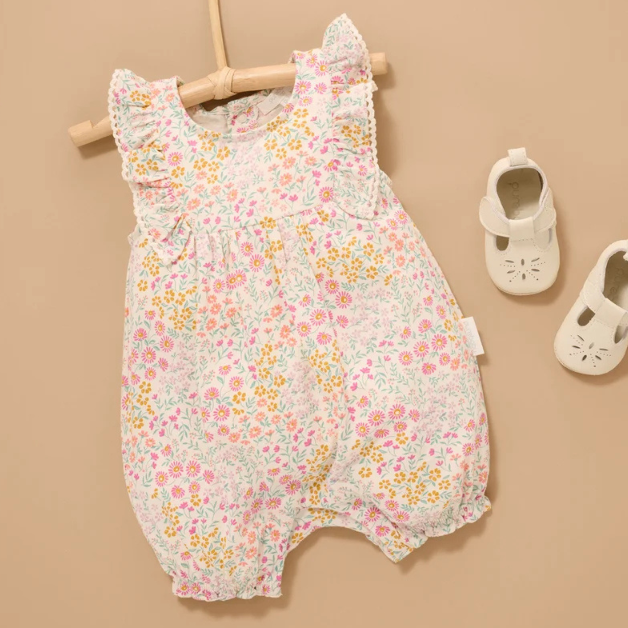 purebaby organic cotton baby clothes pink ruffle shortie growsuit garden petals baby kids