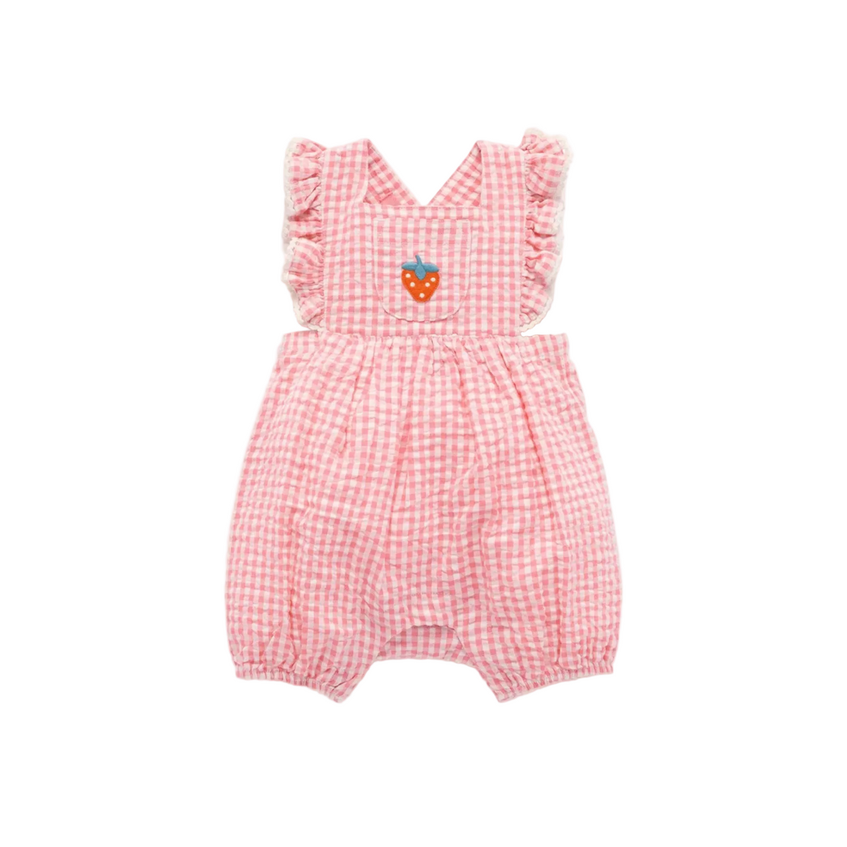 purebaby organic cotton baby clothes pink strawberry gingham romper