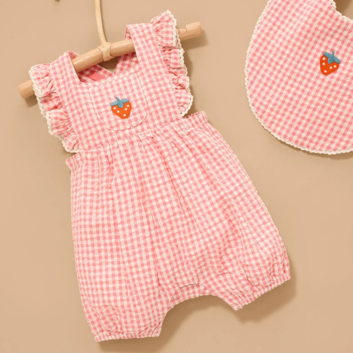 purebaby organic cotton baby clothes pink strawberry gingham romper