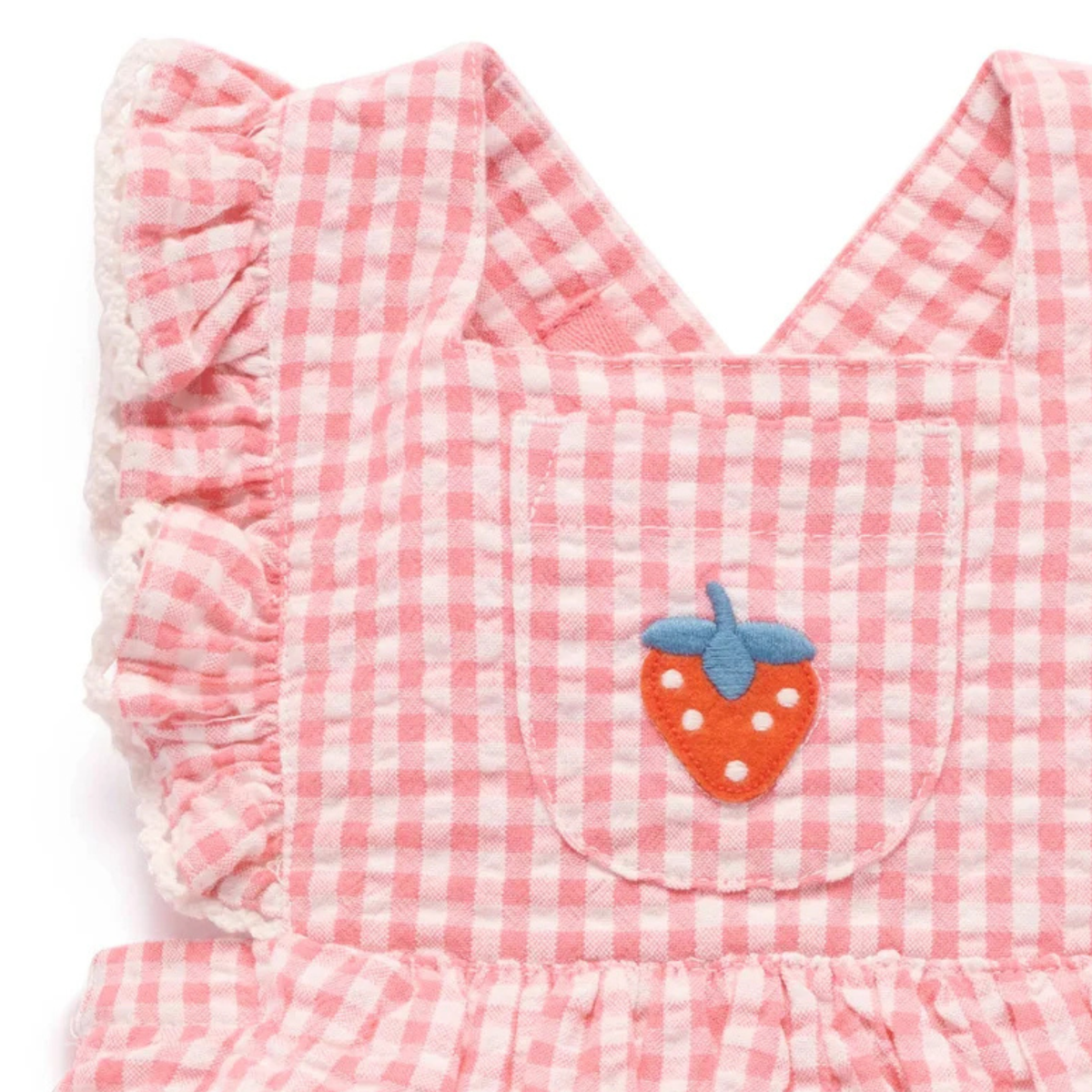 purebaby organic cotton baby clothes pink strawberry gingham romper