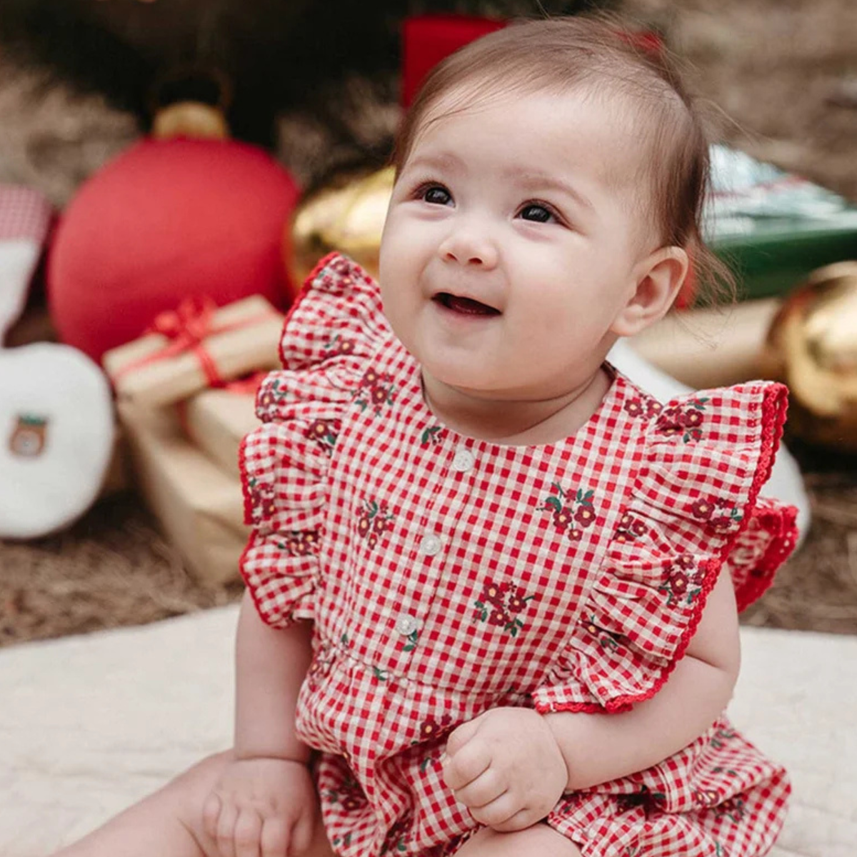 Festive Gingham Ruffle Romper
