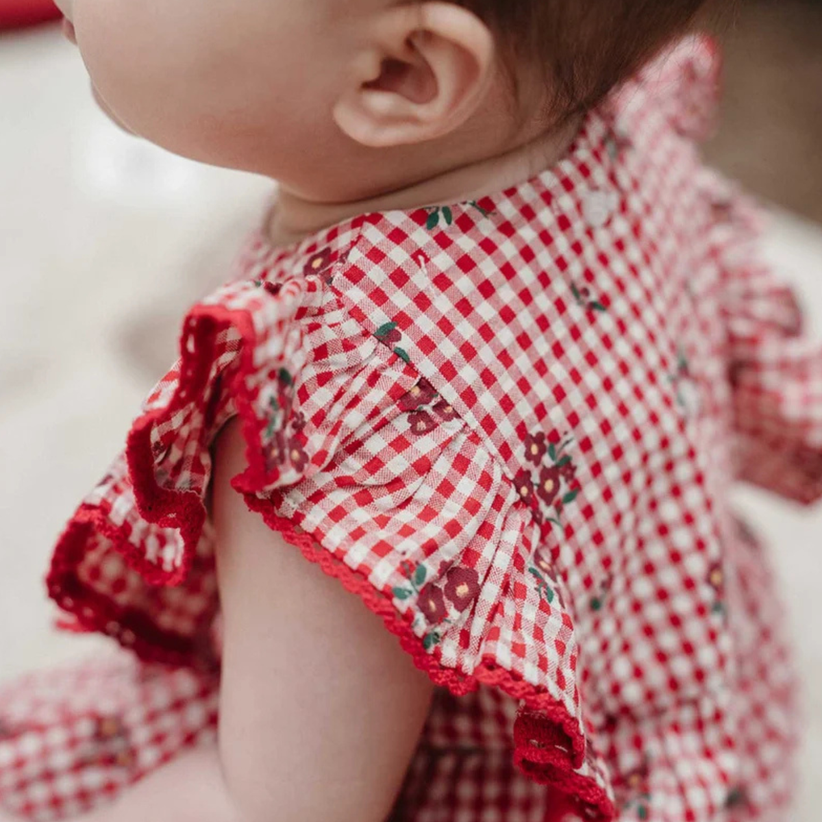 purebaby organic festive gingham ruffle romper christmas baby clothes