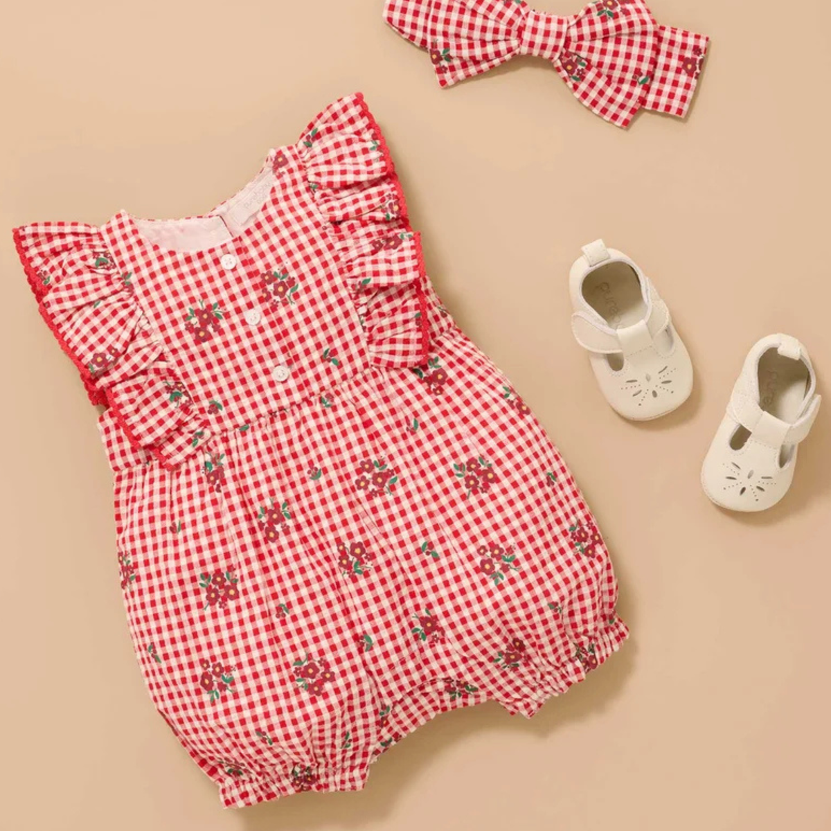 purebaby organic festive gingham ruffle romper christmas baby clothes