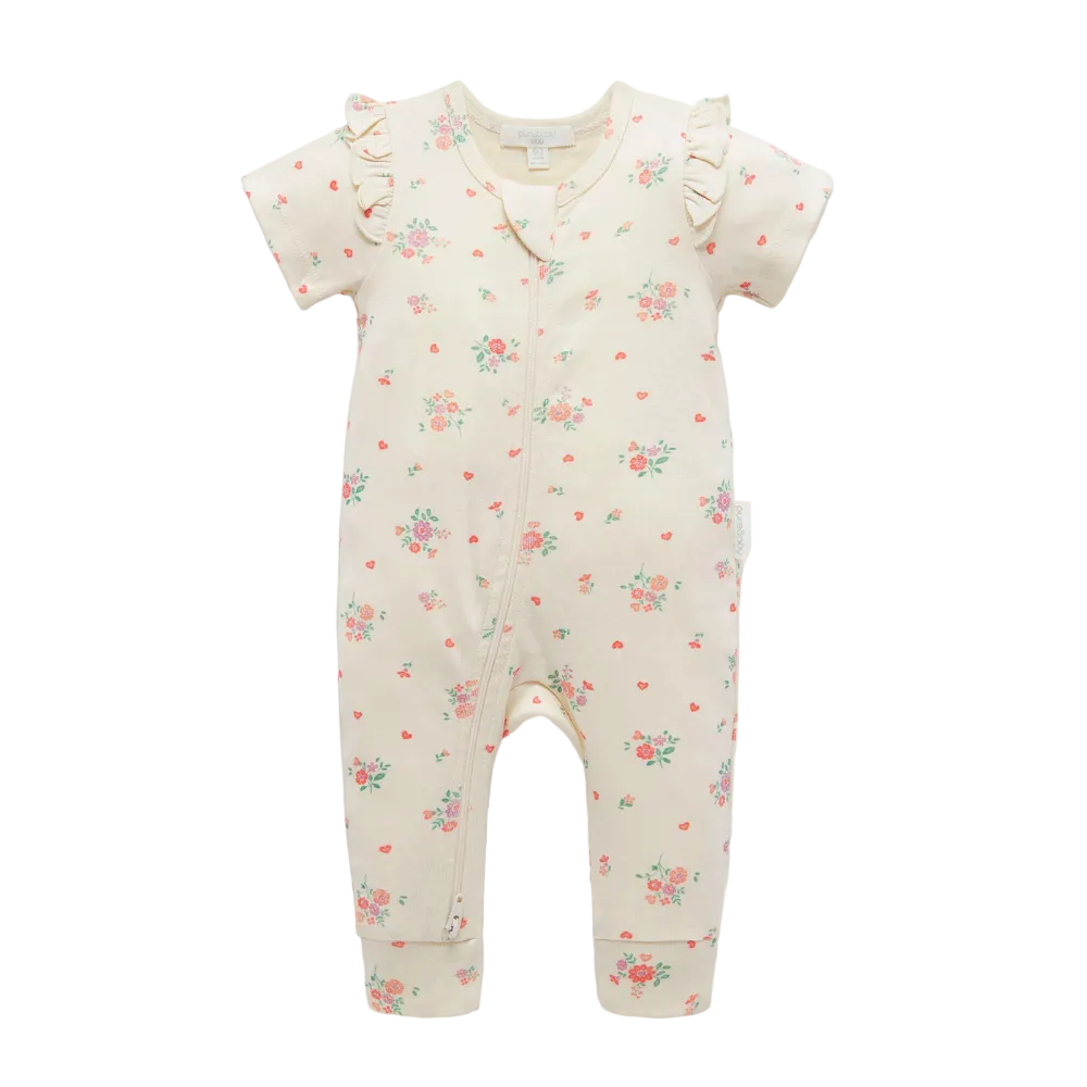 purebaby organic ruffle zip growsuit love heart floral baby