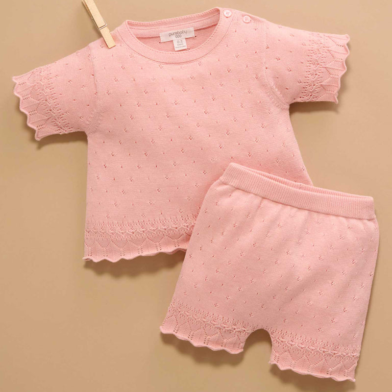 purebaby organic cotton baby girl clothes pink scalloped knit set kids