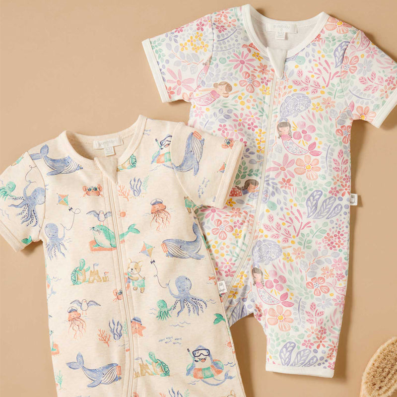 purebaby organic sea garden short sleeve zip growsuit organic cotton baby clothes