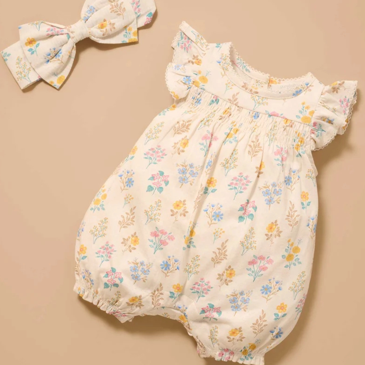 purebaby organic cotton baby romper posy shirred romper baby girl