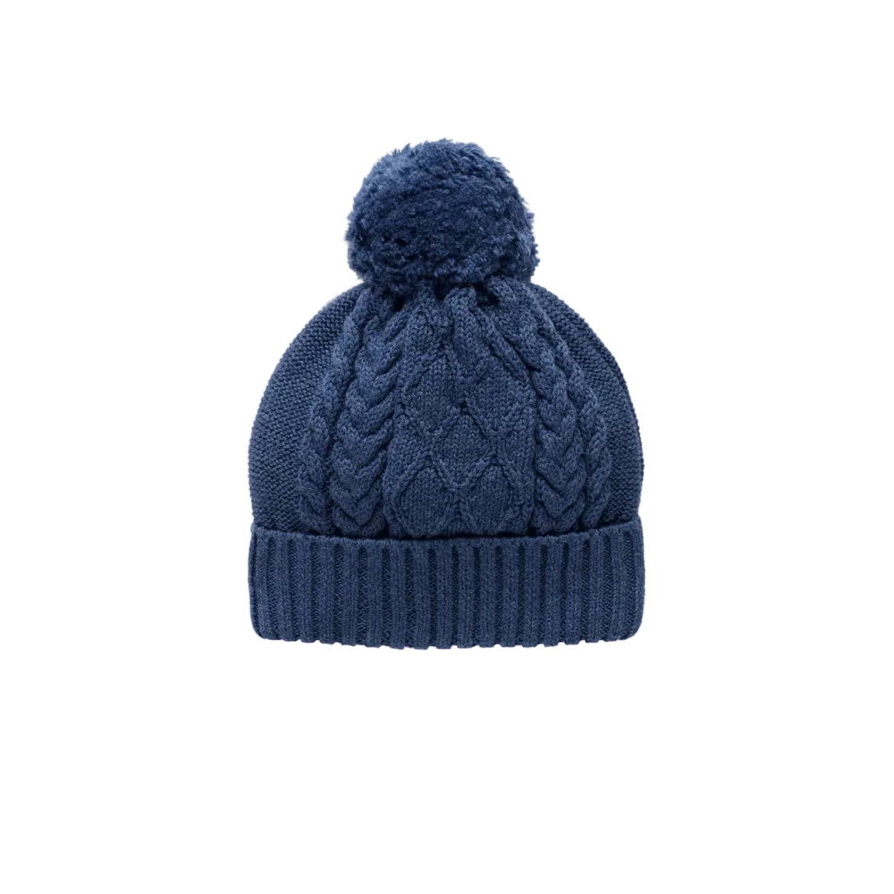 purebaby organic blue knit beanie with pom pom kids travel winter