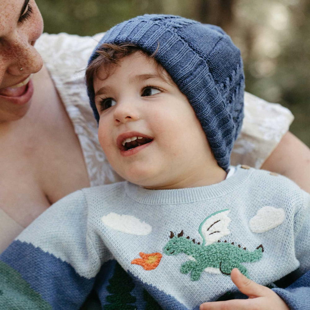 purebaby organic blue knit beanie with pom pom kids travel winter