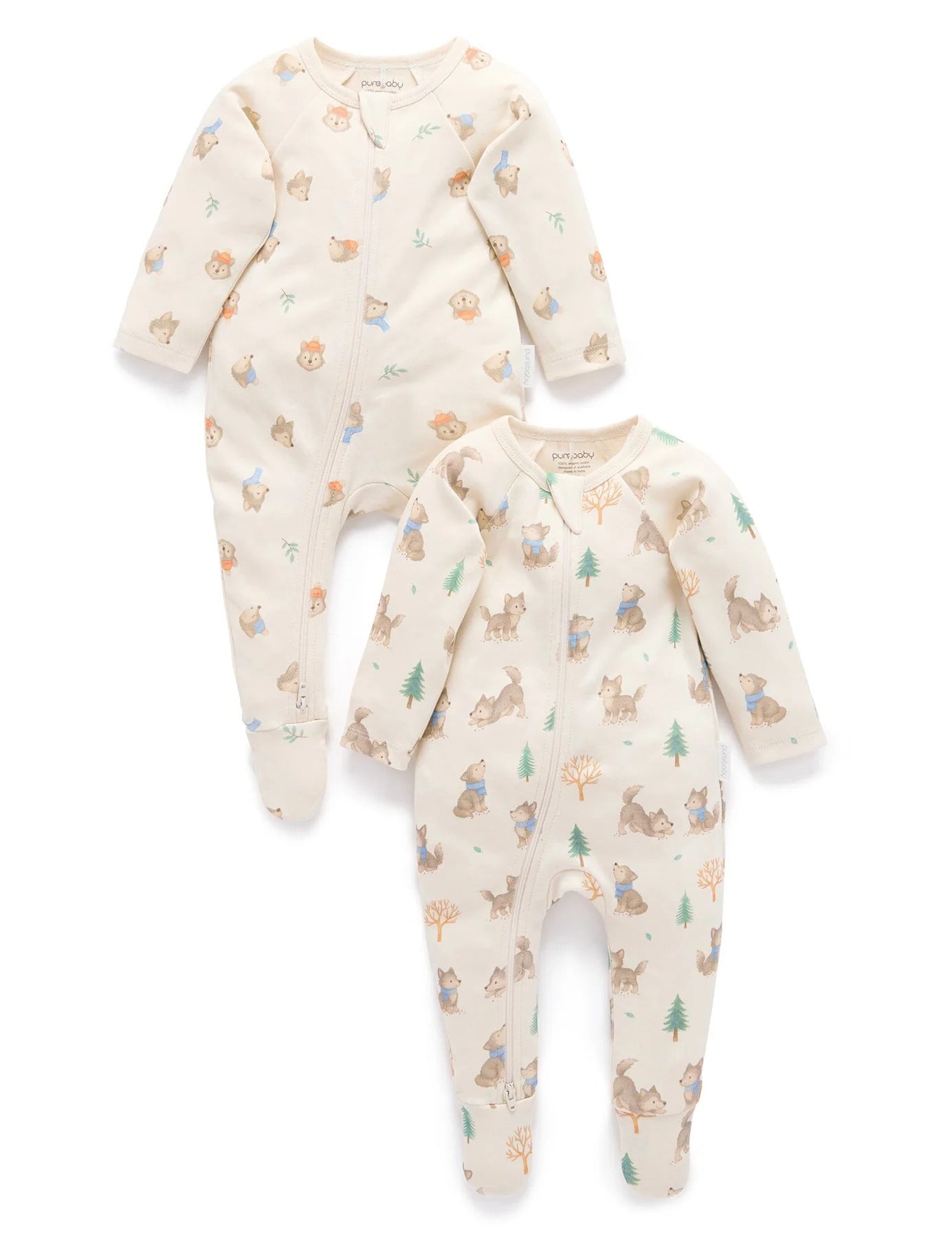 purebaby organic cotton baby clothes zip growsuit wolf cub