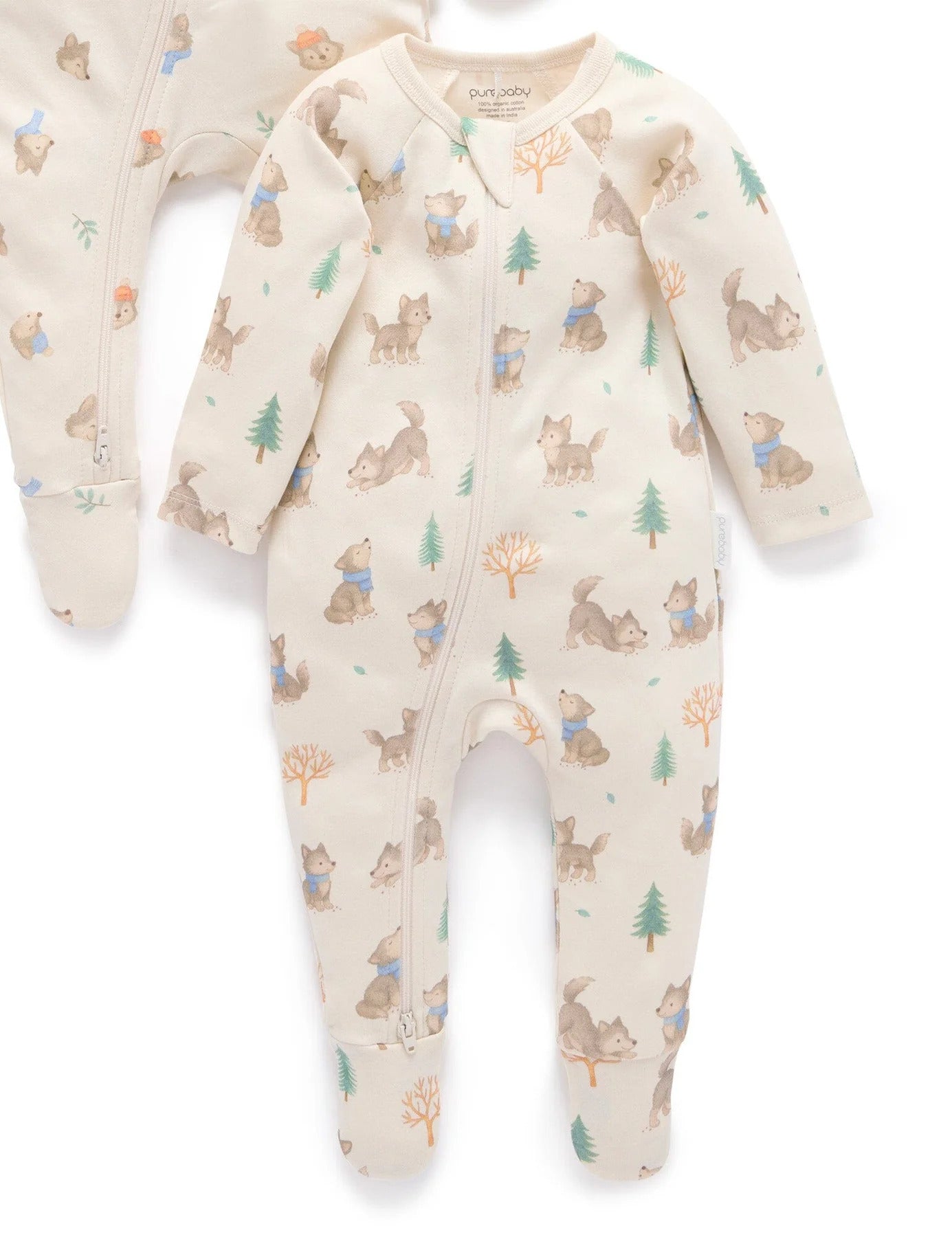 purebaby organic cotton baby clothes zip growsuit wolf cub