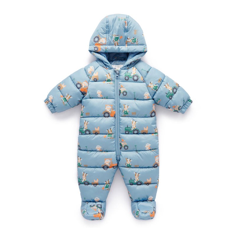 purebaby organic puffer growsuit farming tractor blue boy winter growsuit