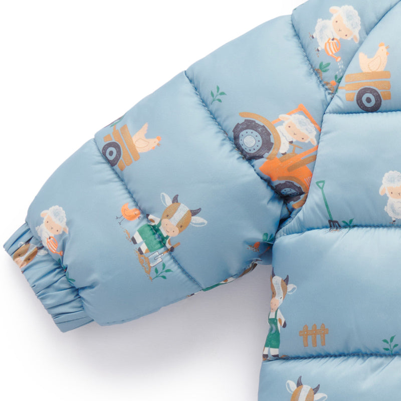 purebaby organic puffer growsuit farming tractor blue boy winter growsuit
