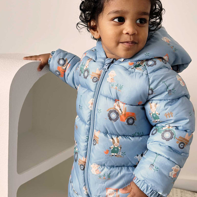 purebaby organic puffer growsuit farming tractor blue boy winter growsuit