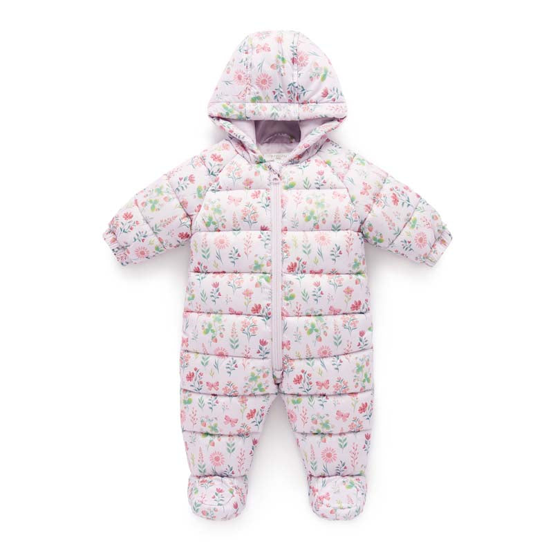 purebaby organic puffer growsuit strawberry pink blue girl winter growsuit