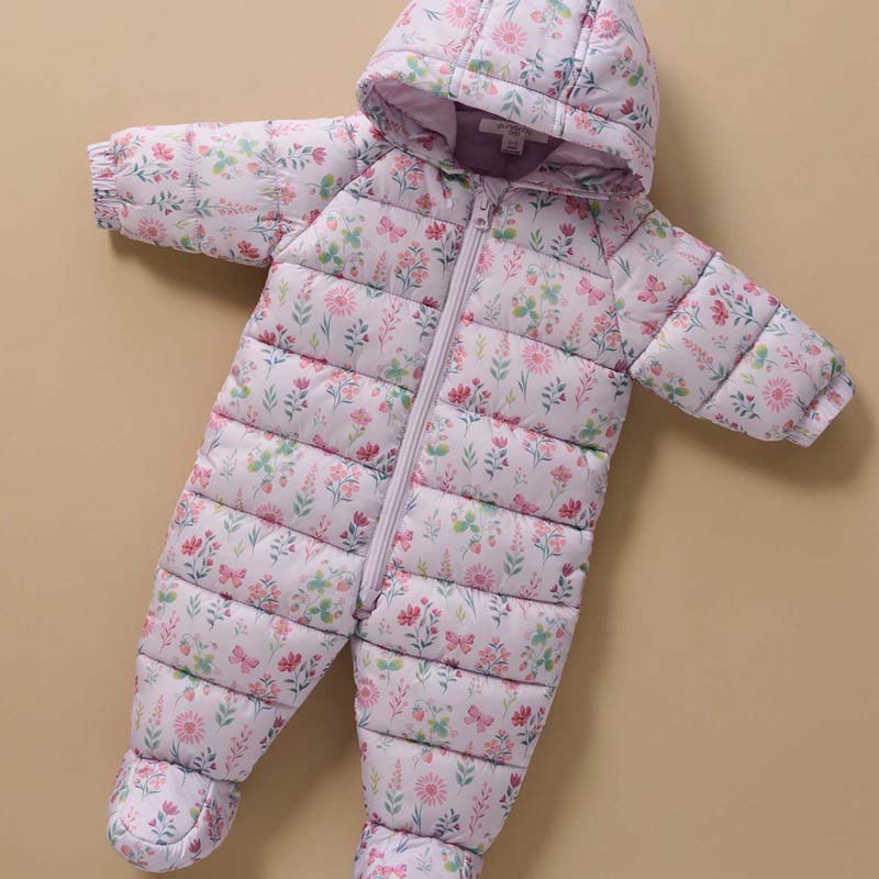 purebaby organic puffer growsuit strawberry pink blue girl winter growsuit